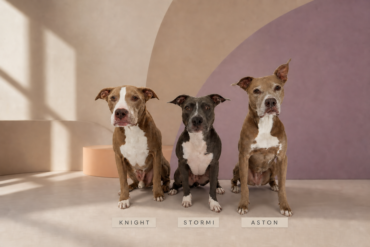 Knight, Stormi, and Aston seated together in the warm Pittie Pack studio