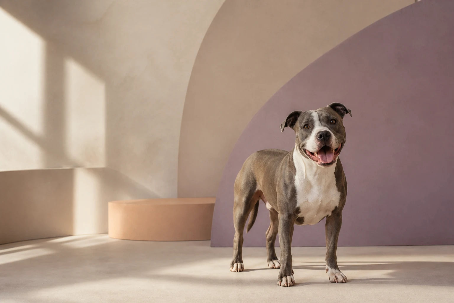 A joyful pit bull in a warm orchid and parchment studio