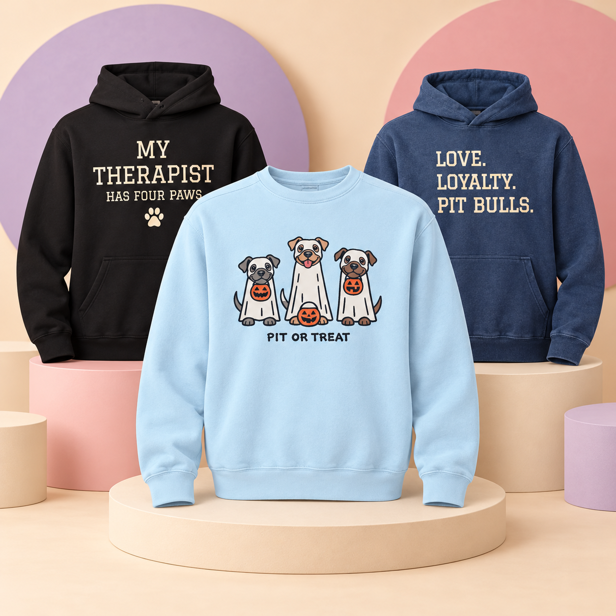 Hoodies and Sweatshirts collection featuring Pit or Treat, My Therapist Has Four Paws, and Love Loyalty Pit Bulls styles